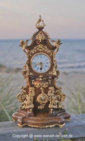 Kleine Lenzkirch Storchen Pendule, Storchenuhr, vergoldete Bronze